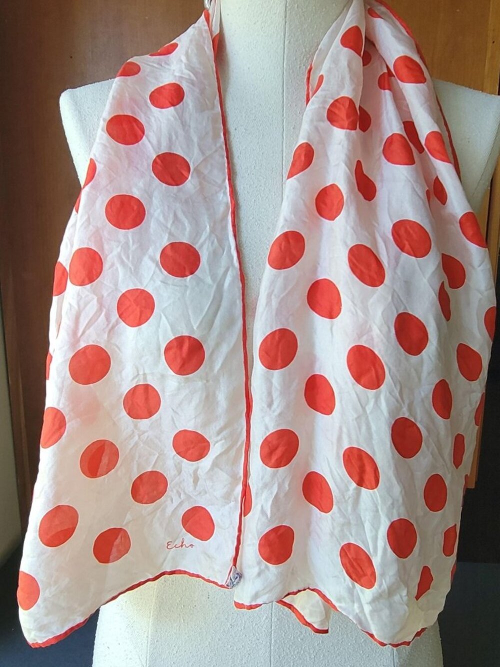 Vintage Echo Silk Scarf Red Polka Dot Oblong Wrap, Retro 60s Mod White Pure Silk